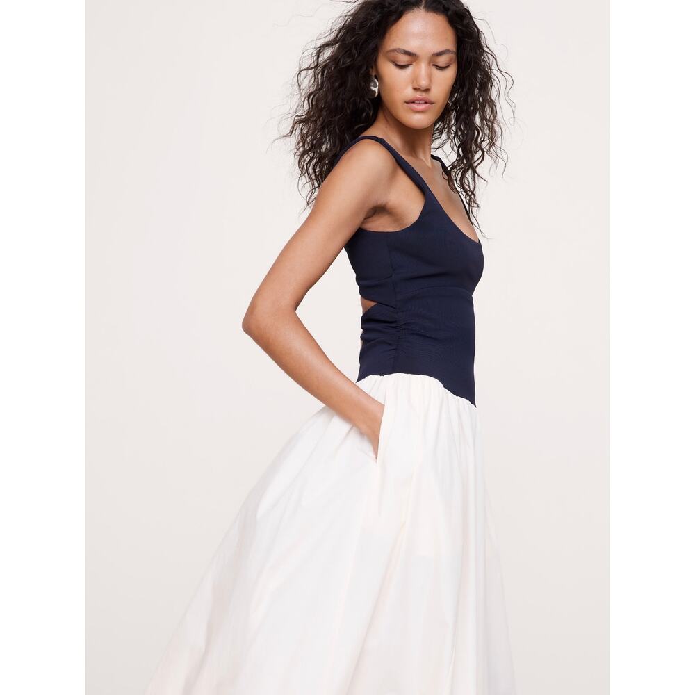 Banana Republic Stretch Cotton Poplin Maxi Dress Navy Blue Cream Size Small - Picture 2 of 10